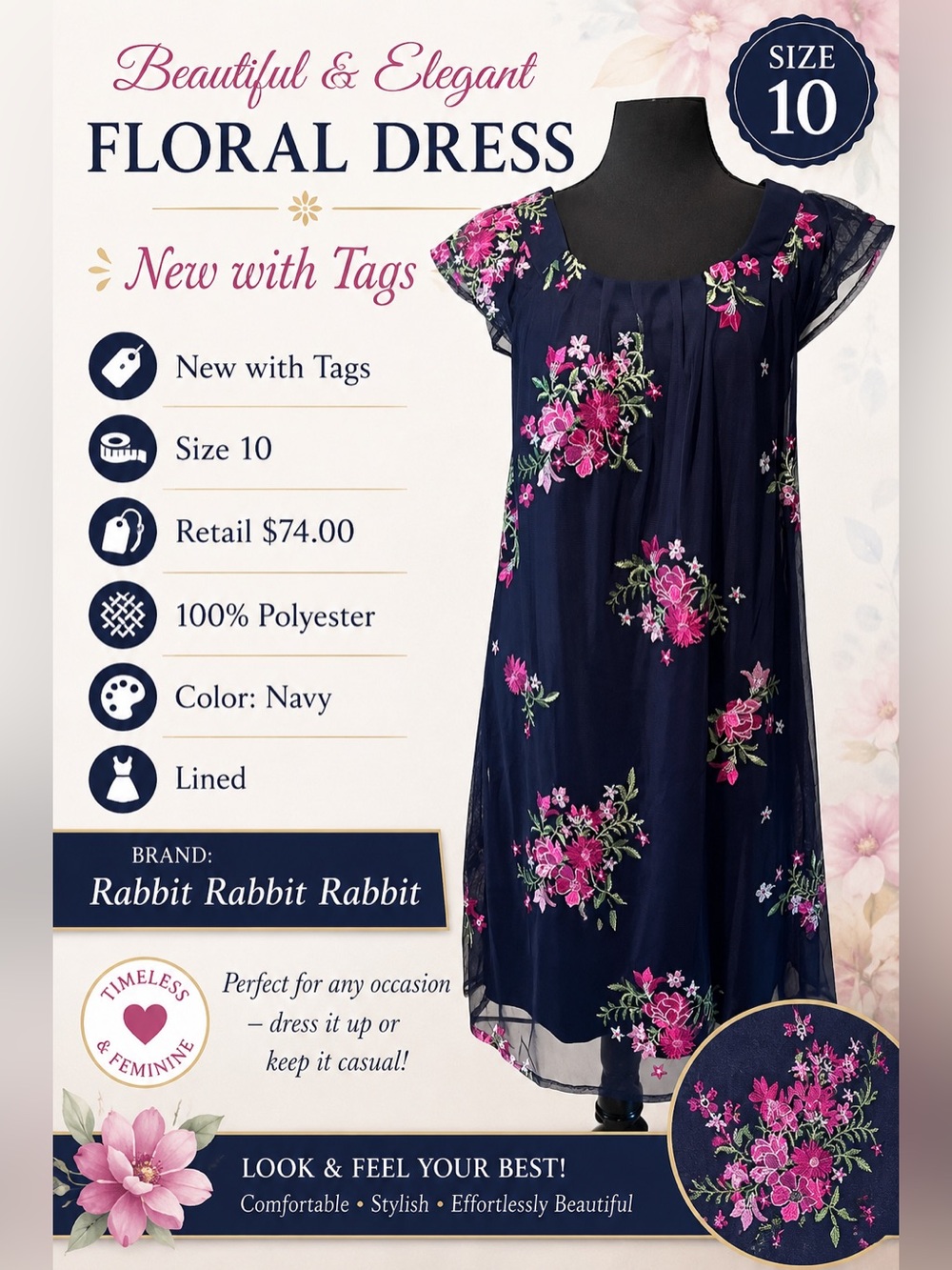 NEW WITH TAGS—Rabbit Rabbit Rabbit Navy Dress with Floral Embroidery—Size 10